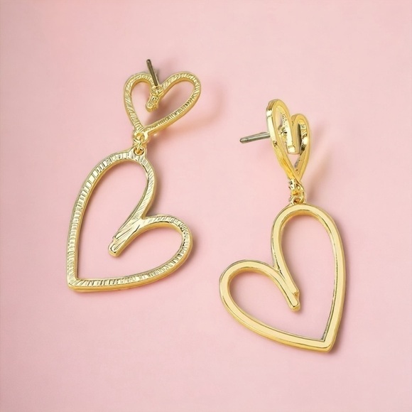 Gold Heart Double Love Earrings Dangle Drop Cutout Hearts Nwt - Picture 5 of 6